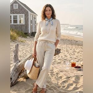 Two a.m. Cream Linen-Blend Wide Leg Drawstring Pants - Size Medium